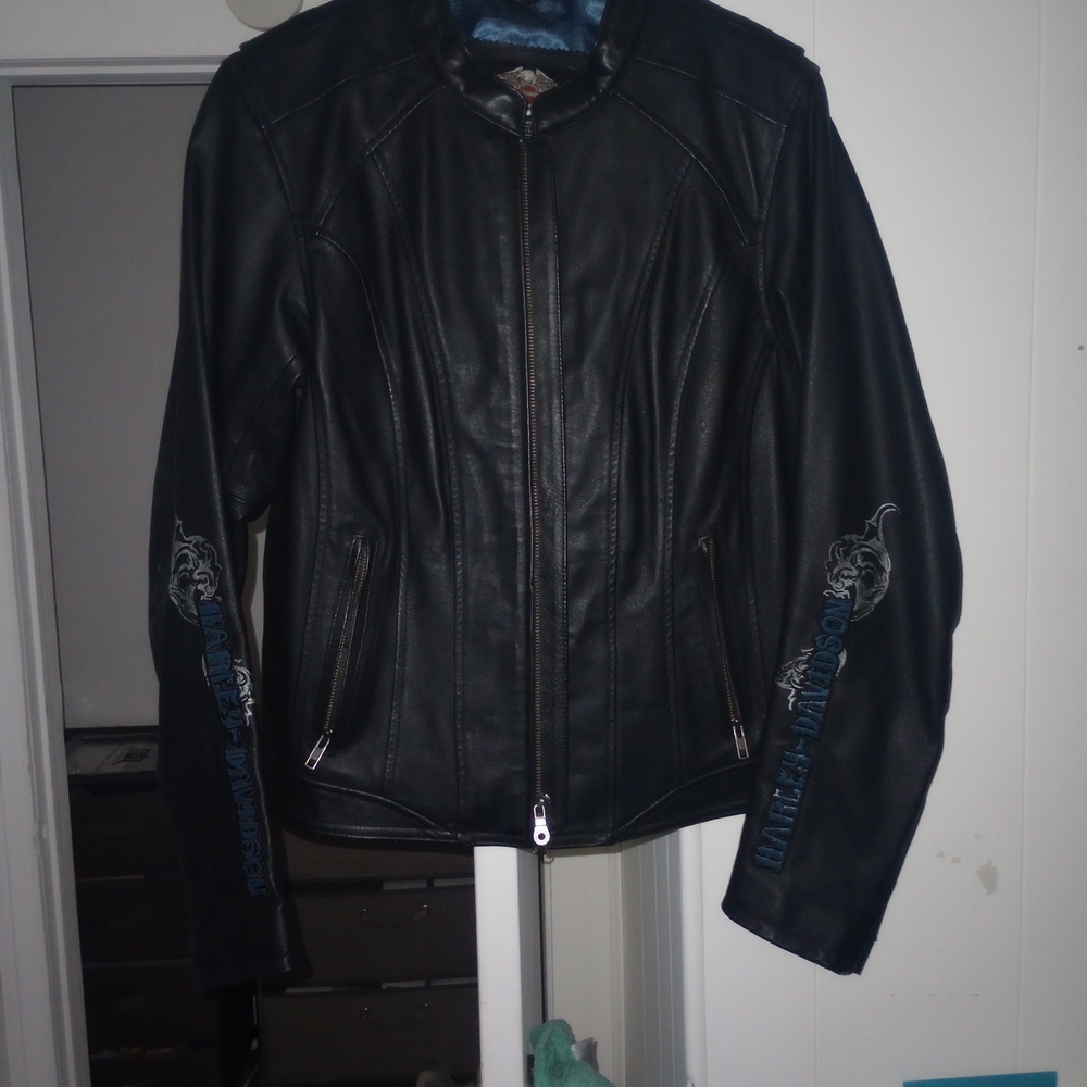 Harley-Davidson Women's Black Leather Jacket with Blue Embroidery